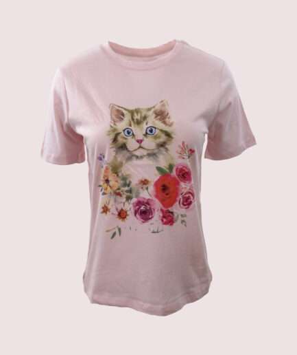 7653 ÇİÇEKLİ RENKLİ KEDİ BASKILI TSHIRT